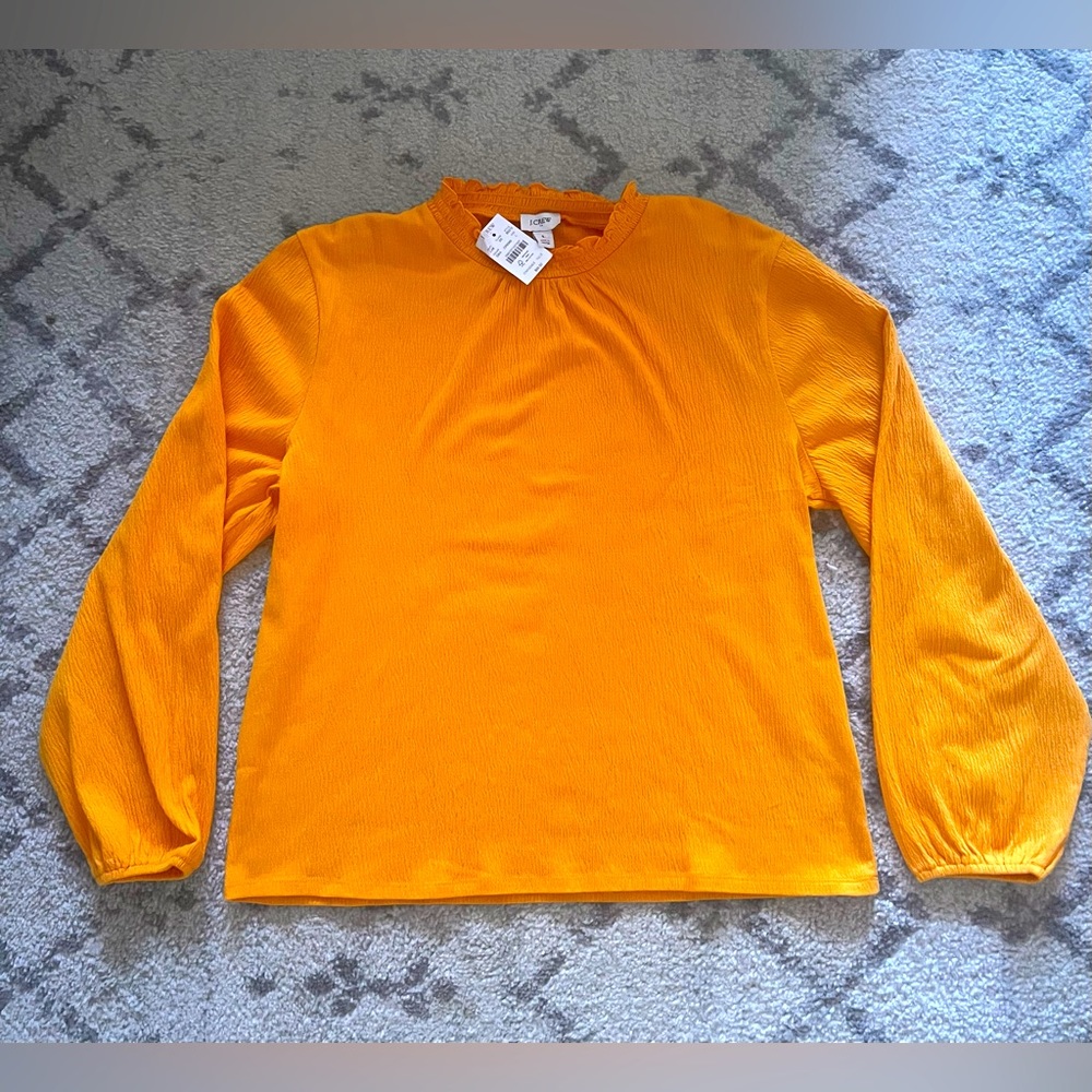 J. Crew Bright Orange Long-Sleeve Ruffled Neck Blouse
